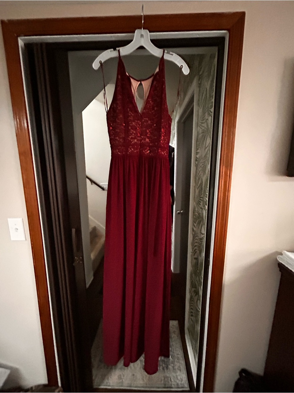 David's Bridal Burgundy Sequin Bodice Maxi Dress